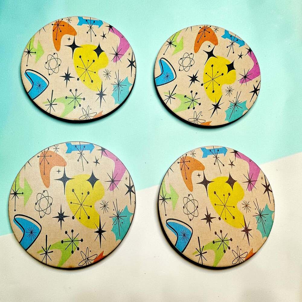 4pc Mid Century Modern Wooden Coasters Set Atomic Starburst Retro Drink Mats New